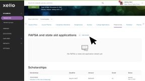 Student profile Financial Aid tab with cursor clicking Add details next to FAFSA and state aid applications.